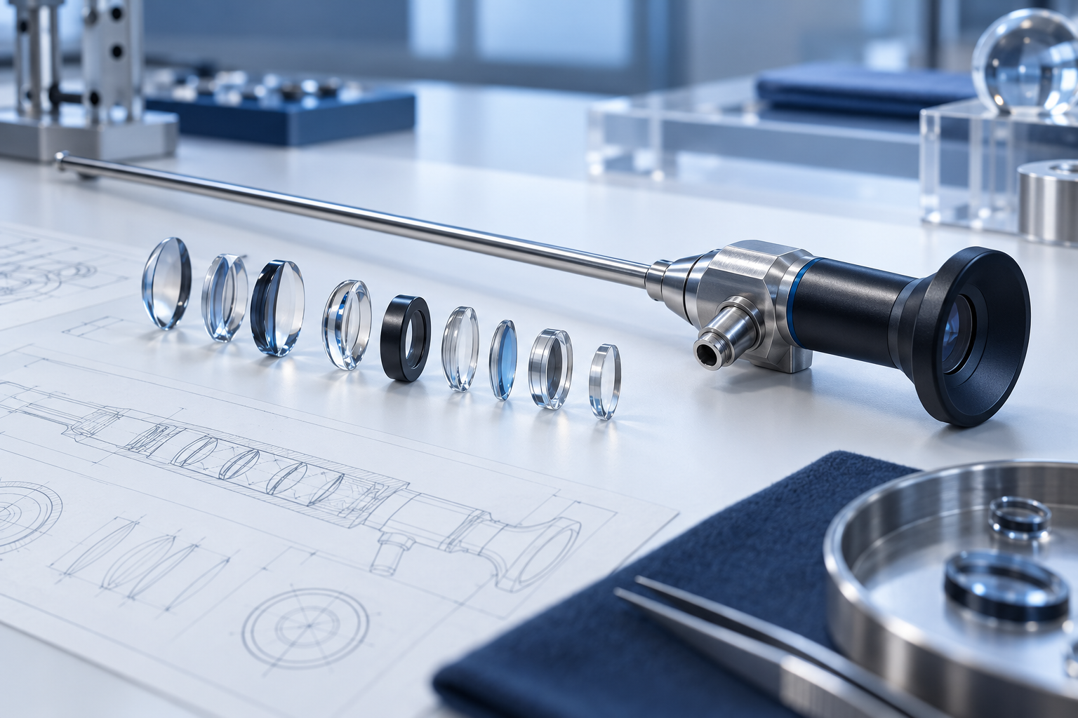 Conceptual rigid scope, glass elements and optical drawings on an engineering bench.
