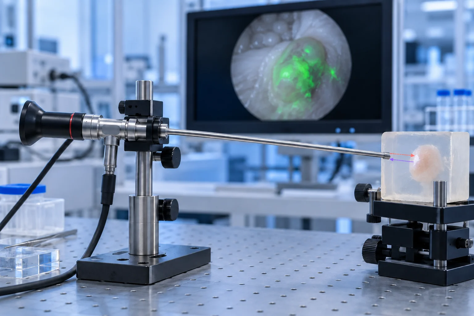 Conceptual medical-optics visualization of near-infrared excitation, fluorescence return and rigid-endoscope imaging.