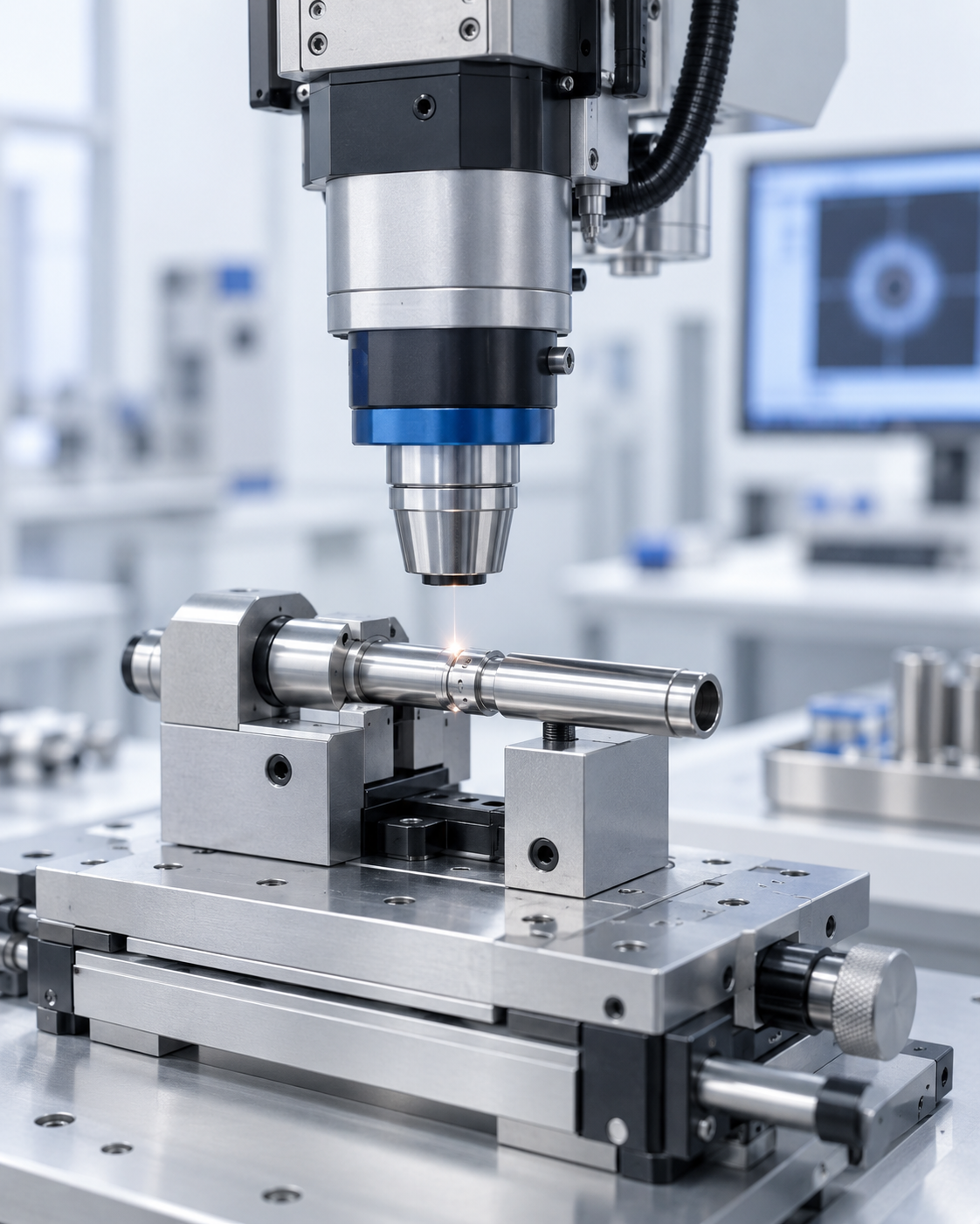 Conceptual manufacturing visual. AI-generated precision micro laser welding concept for medical instrument components; not an actual opentic facility photograph.