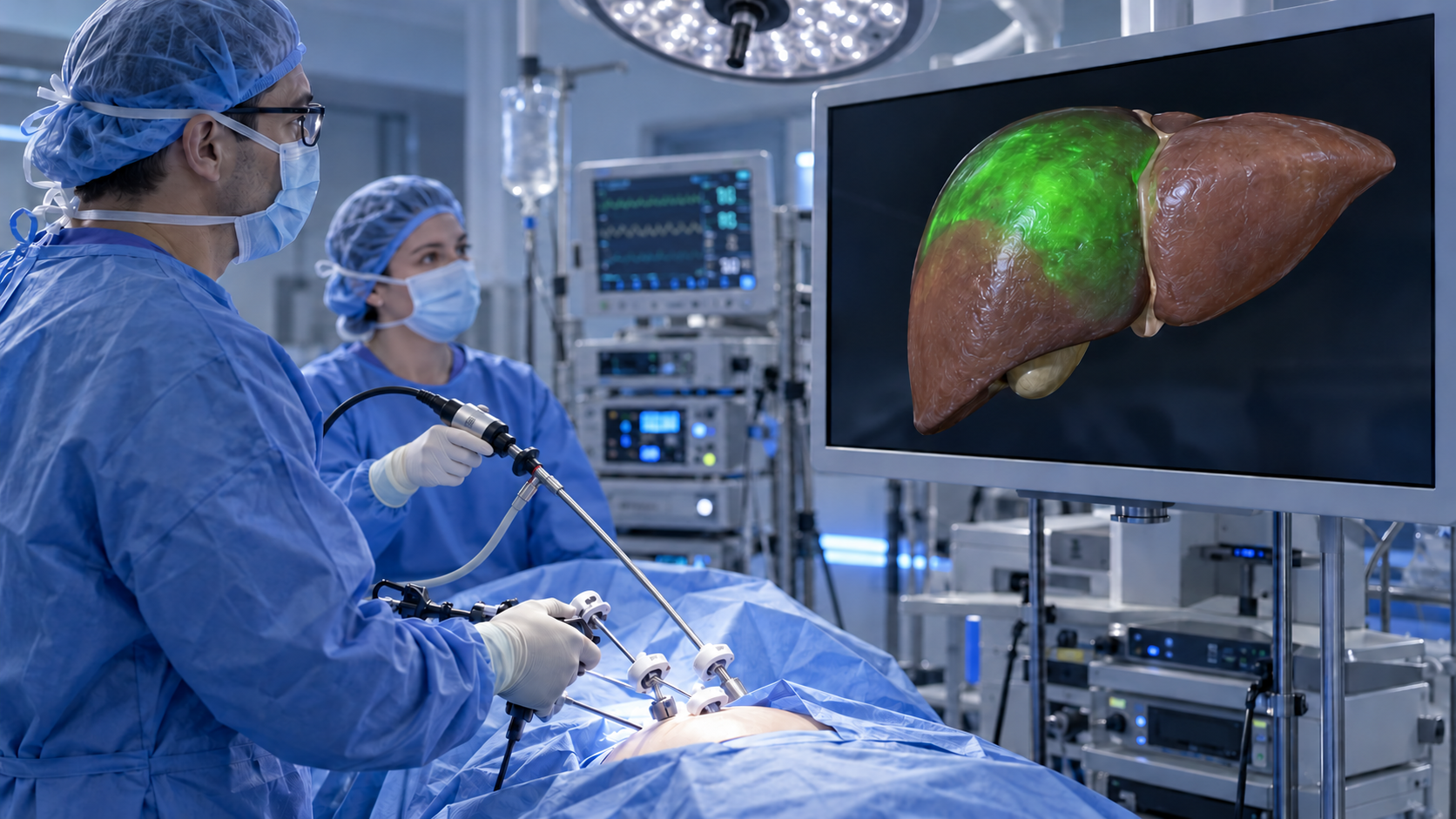Simulated green fluorescence visualization; not a clinical image or result.