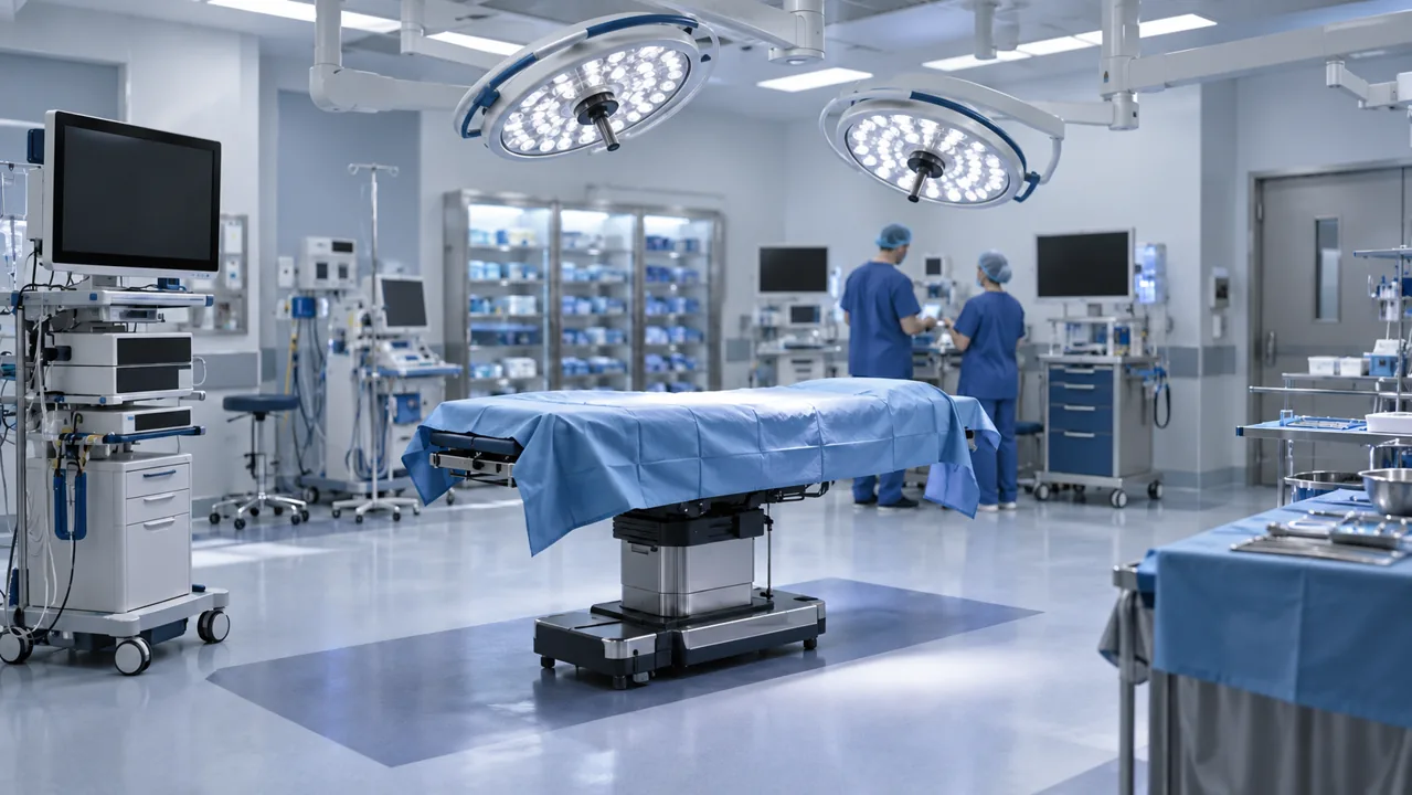 Fictional patient-free operating room preparation scene.