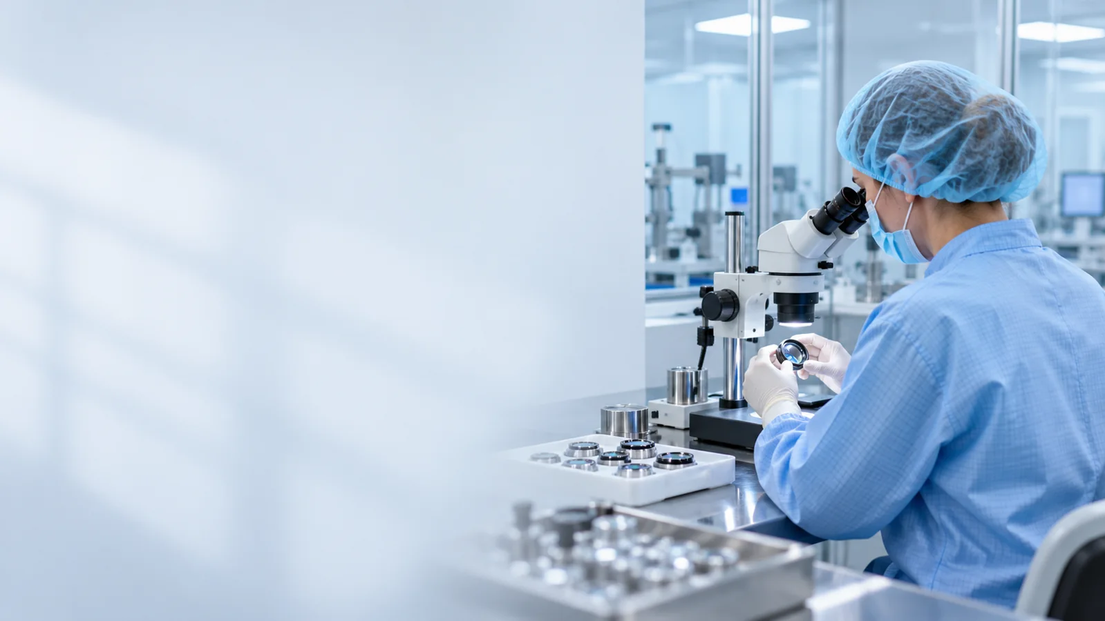 Conceptual manufacturing visual. Fictional precision optics engineering scene with people and equipment on the right.