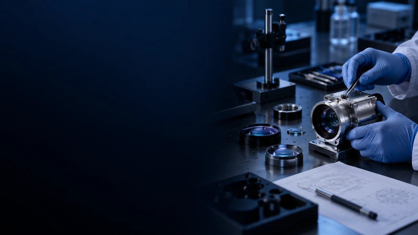 Fictional precision optics engineering scene with people and equipment on the right.