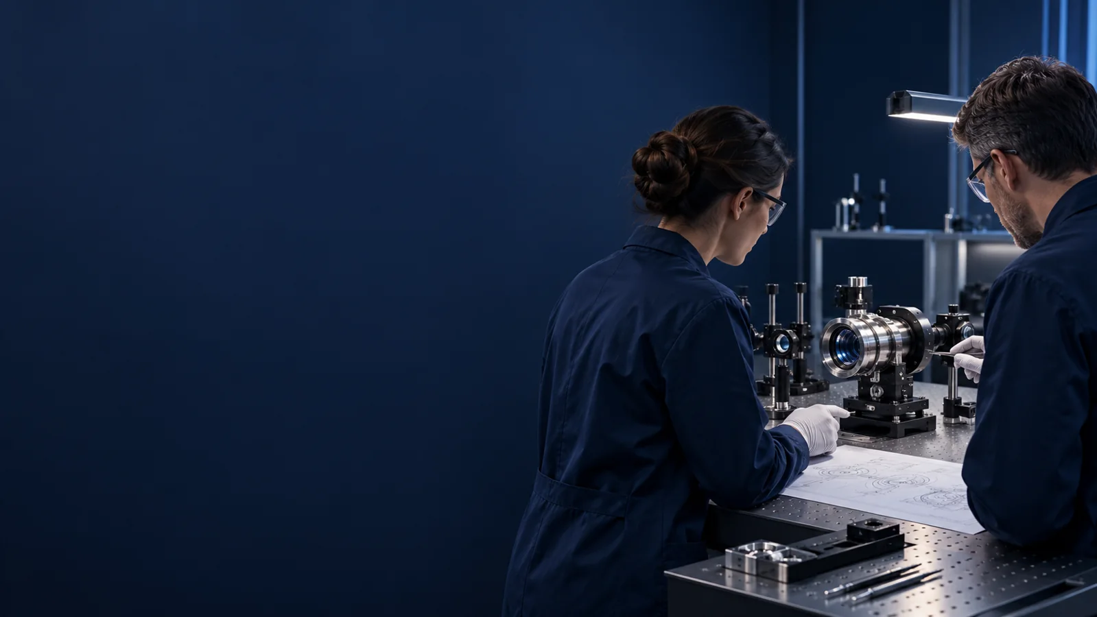 Conceptual manufacturing visual. Fictional precision optics engineering scene with people and equipment on the right.