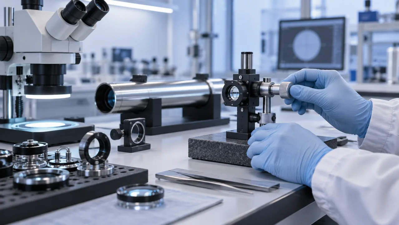 Fictional optical inspection bench; not an Opentic factory photograph.