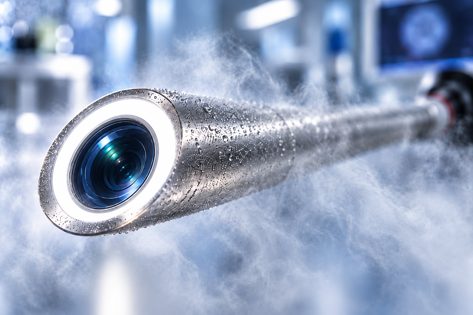 AI anti-fog concept: a clear distal optical window surrounded by fine condensation and mist. Not a performance test.