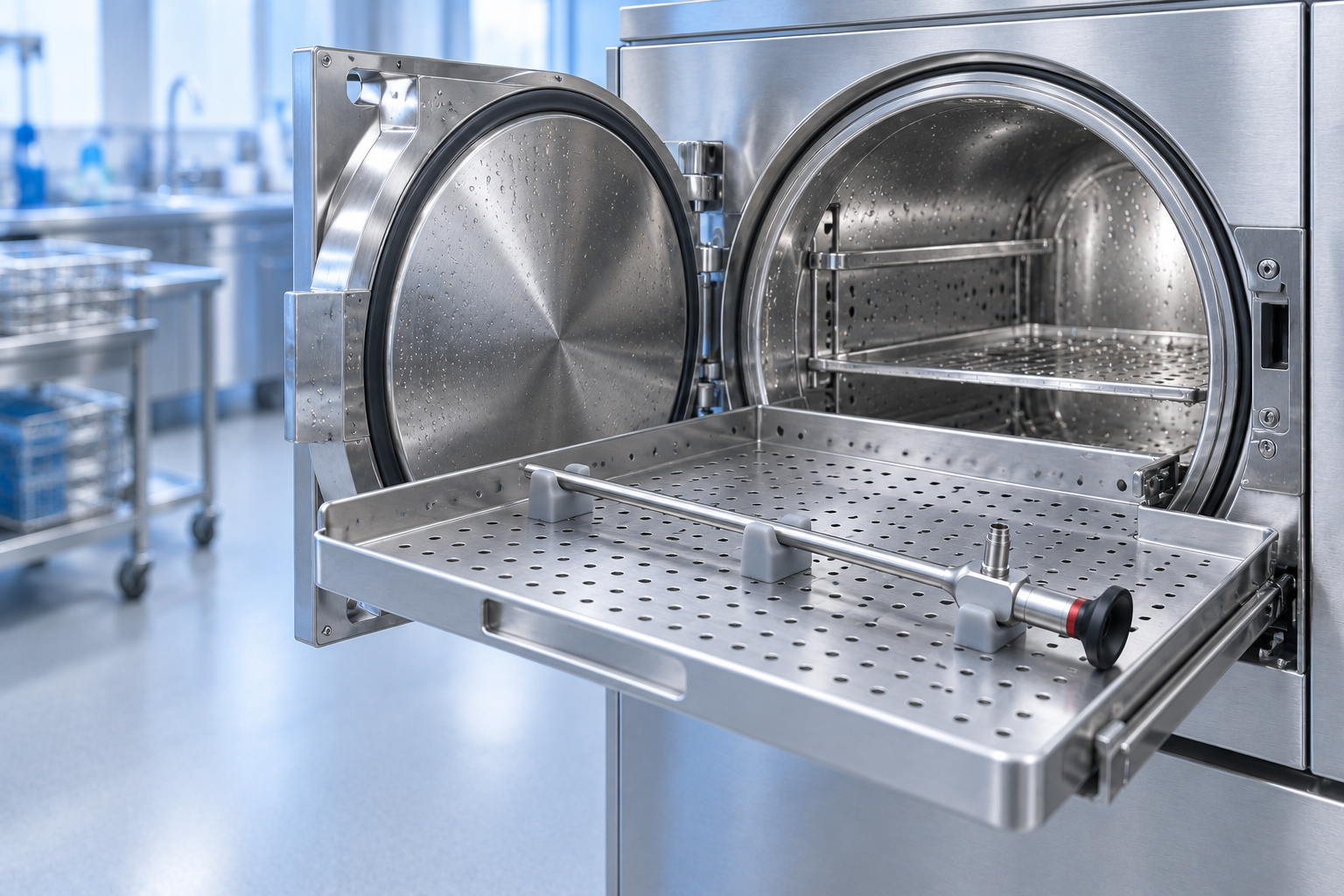 AI concept of a rigid optical endoscope on a tray in an open sterilizer. Not reprocessing validation evidence.